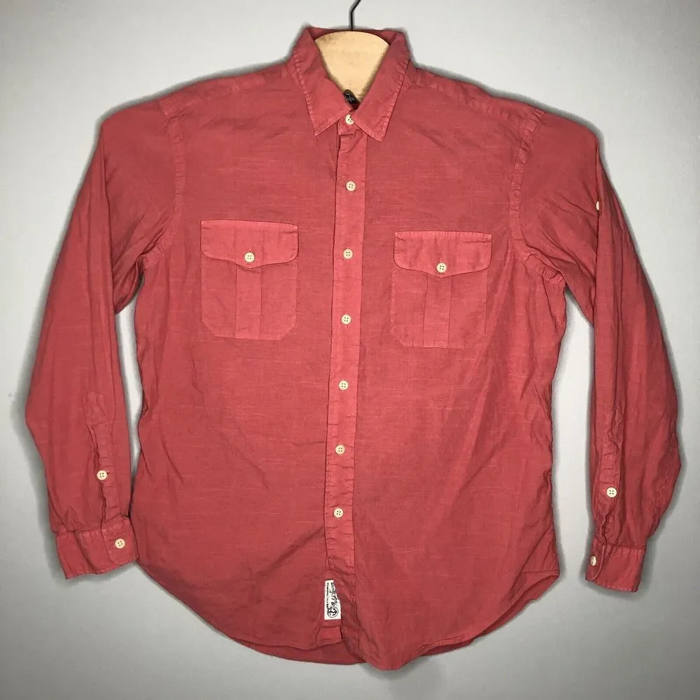 Ralph Lauren Men's Large Salmon Pink Linen Pockets‎ Button Down Casual Shirt